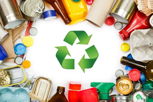 A collection of various recyclable waste items arranged in a circular pattern around a green recycling symbol on a white background. The waste includes aluminium beverage cans in silver and gold, plastic bottles in red, yellow, blue, and green, some with caps visible; cardboard tubes and folded cardboard pieces; and plastic food containers and lids. The items are loosely scattered, with some cans stacked and others lying flat or tilted, emphasizing a diverse range of household packaging materials. The recycling symbol in the centre features three arrows forming a triangle, symbolising the recycling process. The scene is clean and well-lit, highlighting the textures of metallic, plastic, and cardboard surfaces, hinting at the importance of proper rubbish separation and recycling in waste management, especially relevant to services provided by companies like Garden Clearance Osterley in the local Osterley area for efficient rubbish and waste removal.